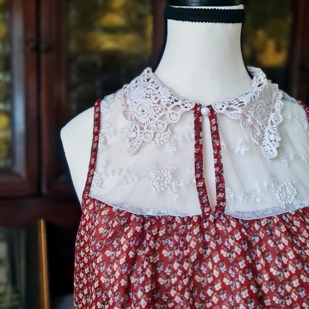 Red Foral Sheer Lace/ Crochet Collared Blouse size Medium